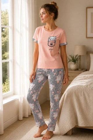 Modi Pamuklu Penye Kedi Baskılı Kısa Kollu Bisiklet Yaka Çizgili Pijama Takımı - Pudra Siyah