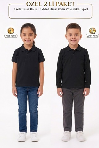 Nacar Store Unisex Çocuk Uzun Ve Kısa Kollu Polo Yaka Okul Tişörtü 2'li Set Siyah