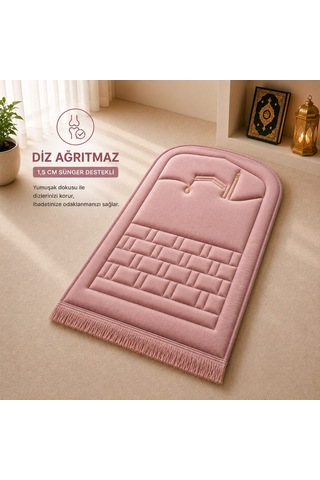 Diz Dostu Seccade Ortopedik Süngerli 1.5 cm Kalın Kadife Namazlık + Çanta Pembe