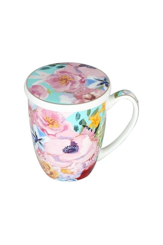 Lucky Art Peony Desenli Bone China Porselen Kapaklı Ve Süzegçli Kupa 570 Ml