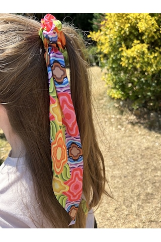 Saten Kadın Fular Model Pembe Renkli Desenli Lastikli Saç Tokası Pembe - Açık Mavi - Neon Sarı