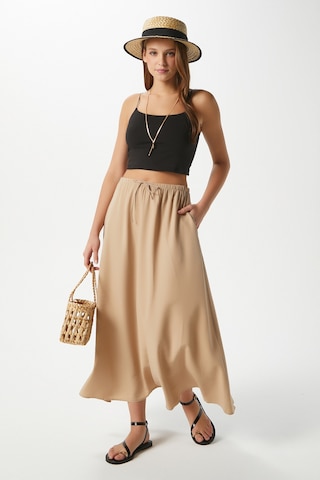 Kadın Trend Modal Serin Kumaş Bej Bel Lastikli Cepli Rahat Kalıp Uzun Etek