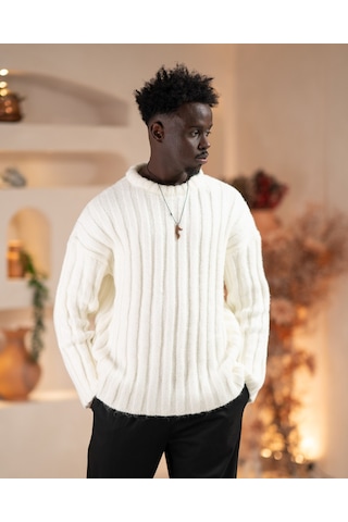 Oversize Kendinden Çizgili Pamuklu Kalın Triko Spor Kazak Beyaz