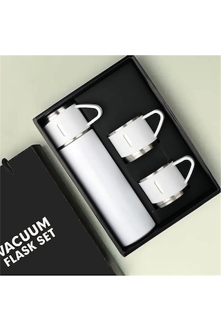 Kişiselleştirilebilir 3 Bardaklı Çelik Termos 05 Lt Beyaz Beyaz