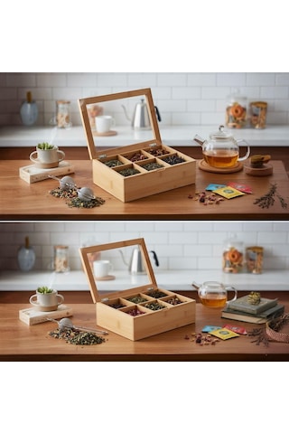 Deconox Bambu 6 Bölmeli Çay Kutusu -%100 Orjinal Bambu Mıknatıslı Kapak 21x16,5 X7cm Şeffaf