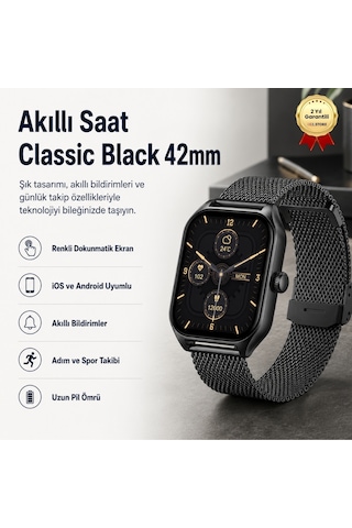Hzl Classic Black 42 MM Çoklu Fonksiyonlu Akıllı Saat