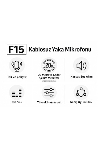 F15-2 Kablosuz Çift Yaka Mikrofonu Kablosuz Bağlantı Kıskaçlı Canlı Yayın Röportaj Vlog 20 Metre Menzil Net Ses Yğksek Hassasiyet Type-c Ve Lightning Uyumlu 48 Saat Pil Ömrü