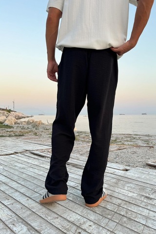 Flaw Bel Lastikli Keten Pantolon Siyah Siyah