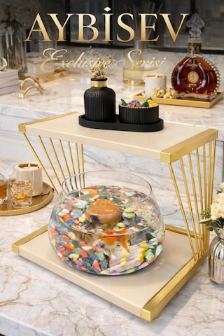 Reyo Ok-ay Store Exclusive Işıklı Beta Akvaryum Ve Fanus Modern Tasarım Led Aydınlatmalı Modern Temalı Fanus Gold-krem