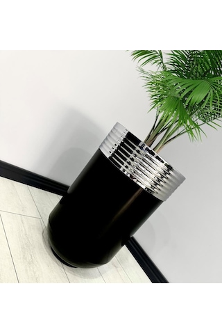Elegant Dekoratif Krom Darbuka Parlak Siyah Saksı 60cm