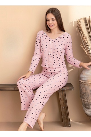 Kadın Kurdele Detaylı Kiraz Desenli U Yaka Likralı Pijama Takım Pembe
