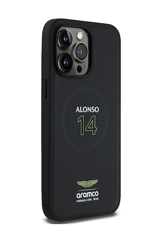 Apple Uyumlu iPhone 14 Pro Max Kılıf Aston Martin Lisanslı Magsafe Pu Deri Alonso 14 Baskılı Kapak Siyah