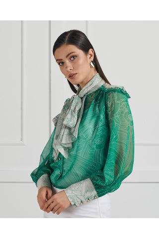 Fular Yaka Detaylı Transparan Desenli Gömlek Feminen Ve Şık Tasarım Yeşil
