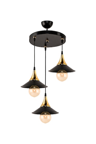 Dd Üçlü Embudo Tepsili Avize Gold Huni Japon Şapkalı Siyah3