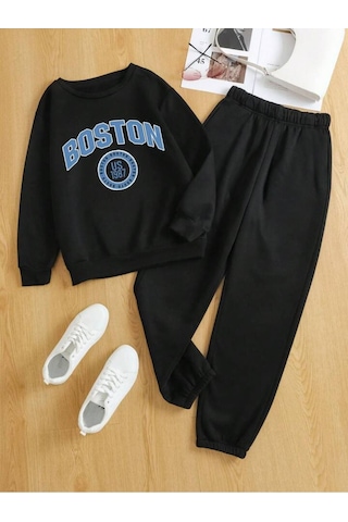 Boston 1987 Eşofman Takımı Sweatshirt Jogger - Siyah Baskılı Oversize Bisiklet Yaka Siyah