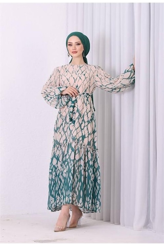 Neşeli Butik Kadın Şifon Eteği Fırfırlı Desenli Tesettür Elbise Sms008 Yeşil