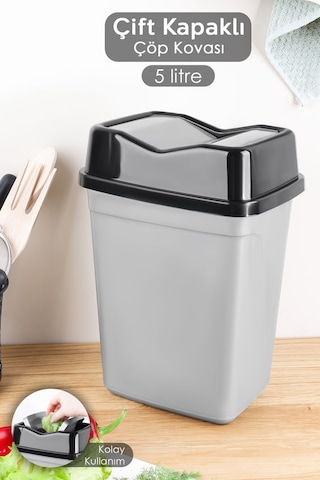 Çift Kapaklı Kelebek Çöp Kovası - Tezgah Üstü Çöp Kovası Banyo Mutfak Çöp Kovası 5 Litre Gri