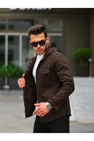 Koyu Kahve Renk Kapüşonlu Kot Ceket Koyu Kahverengi
