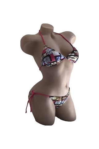 Dagi Desenli Pembe Boyundan Bağlı Üçgen Bikini Takımı