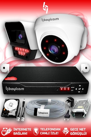 Bayicam 2 Kameralı Süper 1 İç Kamera Set 320 GB 5 MP 2K Net Gece Görüşlü Güvenlik Kamerası Sistemi