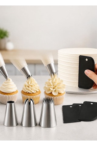 Cupcake & Pasta Süsleme Duy Seti - 100 Krem Torbası Ve 3'lü Sıvama Tarağı