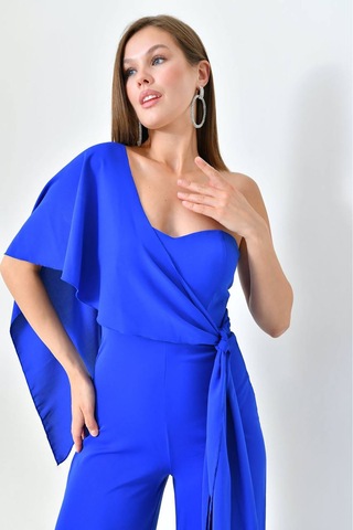 Neşeli Butik Kadın Saks Mavisi Kuşaklı Straplez Abiye Tulum Nbs9355