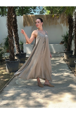 Yazlık Keten Askılı Oversize Elbise Camel