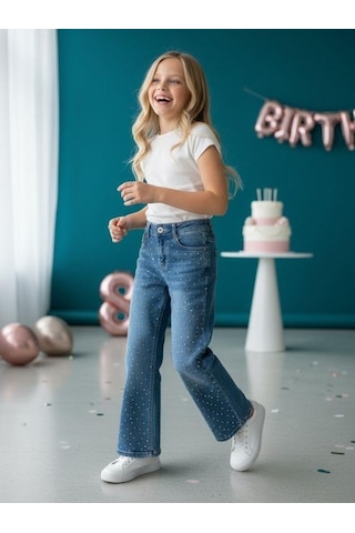 Zekids Kız Çocuk Taş İşlemeli Geniş Paçalı Mavi Kot Pantolon-16613 Mavi