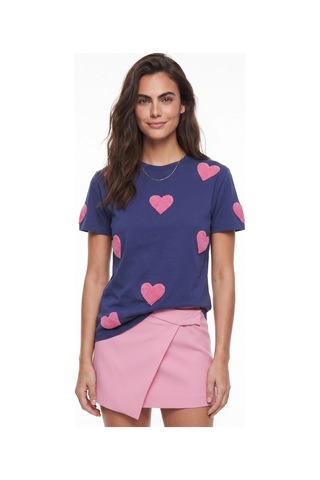 Onloox Kadın Lacivert Lacivert Pamuklu Bisiklet Yaka Kısa Kollu Basic Form Süzene Kalp Nakış Detaylı T-shirt