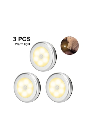 Youtek 3'lü Otomatik Led Işık, Optik Sensörlü Pilli Gece Lambası, Duvarüstü, Merdiven, Ev Kullanıma Uygun Beyaz/gümüş