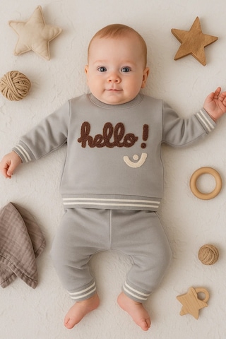 Veraura Lifestyle Hello Nakışlı % 100 Pamuk 2'li Erkek Bebek Takım Gri