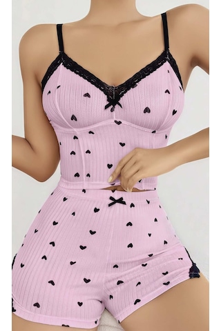 Findit Pembe Kalp Desenli Askılı Şortlu Pijama Takım Pembe
