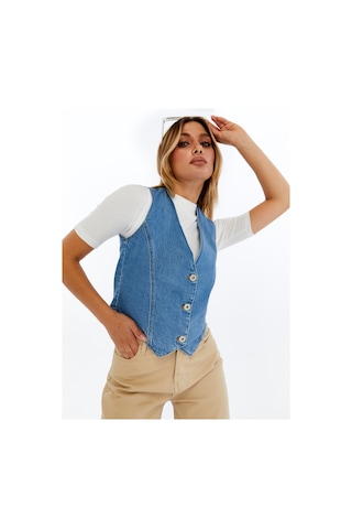 Kadın Denim Yelek Şık Düğmeli Jean Yelek, Günlük Ve Casual Kombin Açık Mavi