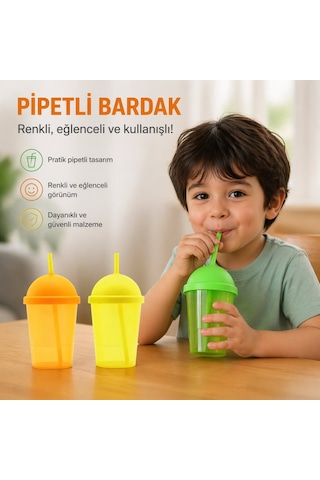 Qlux L-01020 Rainbow Pipetli Plastik Bardak 450 Ml - Şeffaf Renkli- 12'li Paket