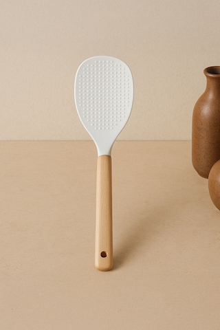 Bambu Saplı Tırtıklı Uçlu Silikon Servis Kaşığı Bej