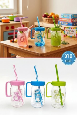 3'lü Pipetli Kulplu Cam Çocuk Meşrubat Bardağı Seti, Figürlü Süt Meyve Suyu Su Bardağı 3x370 Ml Şeffaf
