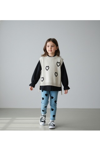 Kalp Desenli Yelekli Üçlü Takım Kız Çocuk Siyah