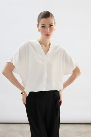 Sateen Geniş Kısa Kollu Bluz - Ekru-136761 Ekru