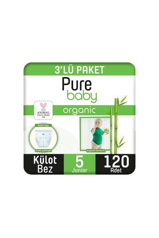 Pure Baby Organik Bambu Özlü Külot Bez 3'lü Paket 5 Numara Junior 120 Adet 3'lü