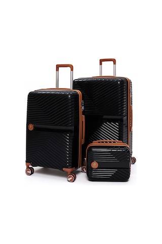 Elatae Exclusive Pro Polipropilen Kırılmaz 3'lü Valiz Seti Büyük - Orta Boy Ve Makyaj Çantası Siyah - Camel 5239 Siyah - Camel