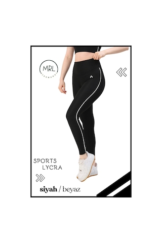 Kadın Yüksek Bel Toparlayıcı Spor Tayt Siyah / Beyaz Şerit Detaylı Lycralı Dalgıç 1041 Siyah Beyaz