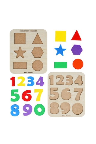 2'li Set Montessori Eğitici Ahşap Sayılar Ve Geometrik Şekiller Bultak Puzzle 20x17 Cm 1 Adet