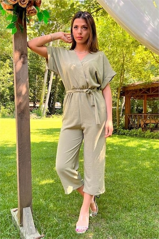 Neşeli Butik Kadın Yeşil Kruvaze Yaka Bağlama Detaylı Ayrobin Tulum Nb10049 Yeşil