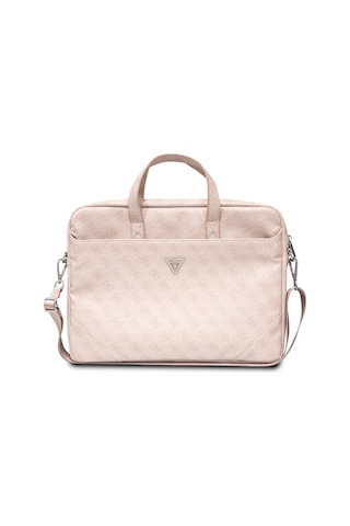 Guess 15-16 İnç Laptop Çantası Sıcak Damgalı 4g Desenli Üçgen Logolu Omuz Askılı Pembe