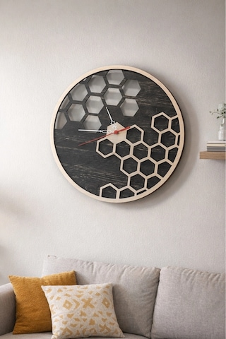 Geometrik Modern Ahşap Lazer Kesim 2d Mdf Duvar Saati Ahşap - Siyah