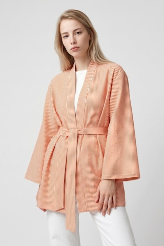 Saade Sââde Kadın Dikey Çizgili Geniş Kollu Şık Yazlık Relaxed Kimono Turuncu