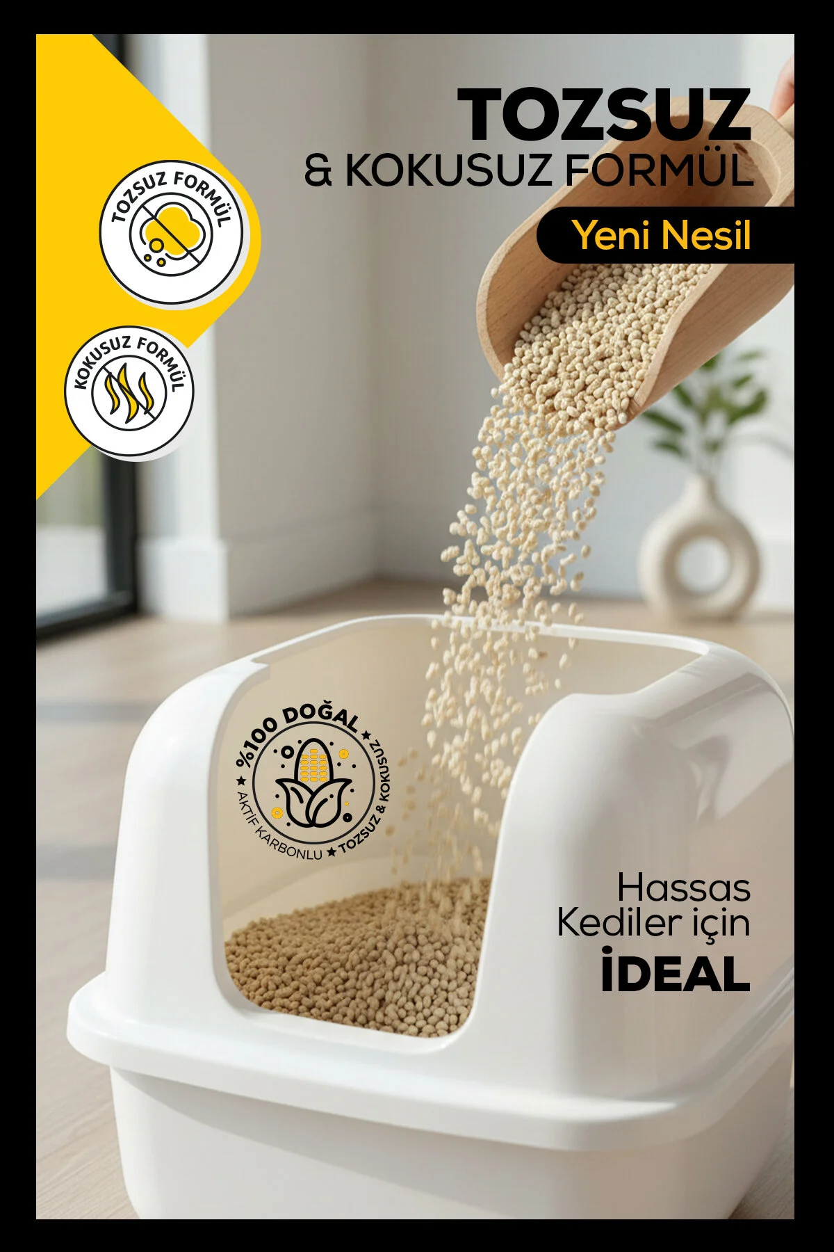 %100 Doğal Aktif Karbonlu Topaklanan Kedi Kumu Tozsuz & Kokusuz, Yüksek Emicilik 10 Litre