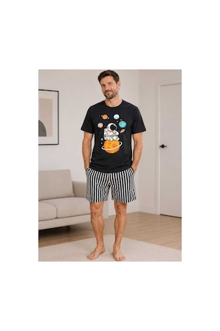 Pijamask Erkek Baskılı Şortlu Pamuklu Yazlık Pijama Takımı Siyah