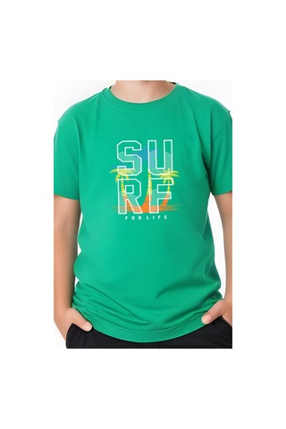 Surf Baskılı Erkek Çocuk Kısa Kollu Tişört Yeşil