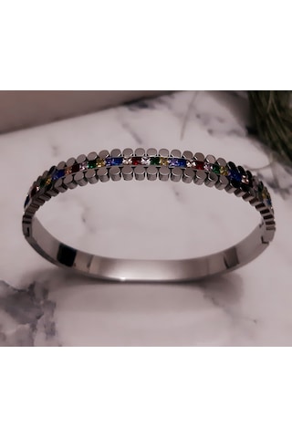 Giftworld Çelik Silver Taşlı Kelepçe Bileklik